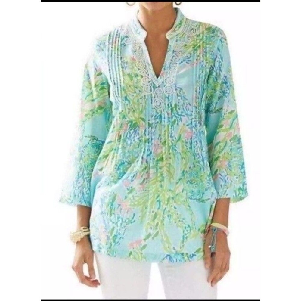 Lilly Pulitzer Colby Tunic Top Blouse Size XS Floral Multicolor Long Sleeves‎